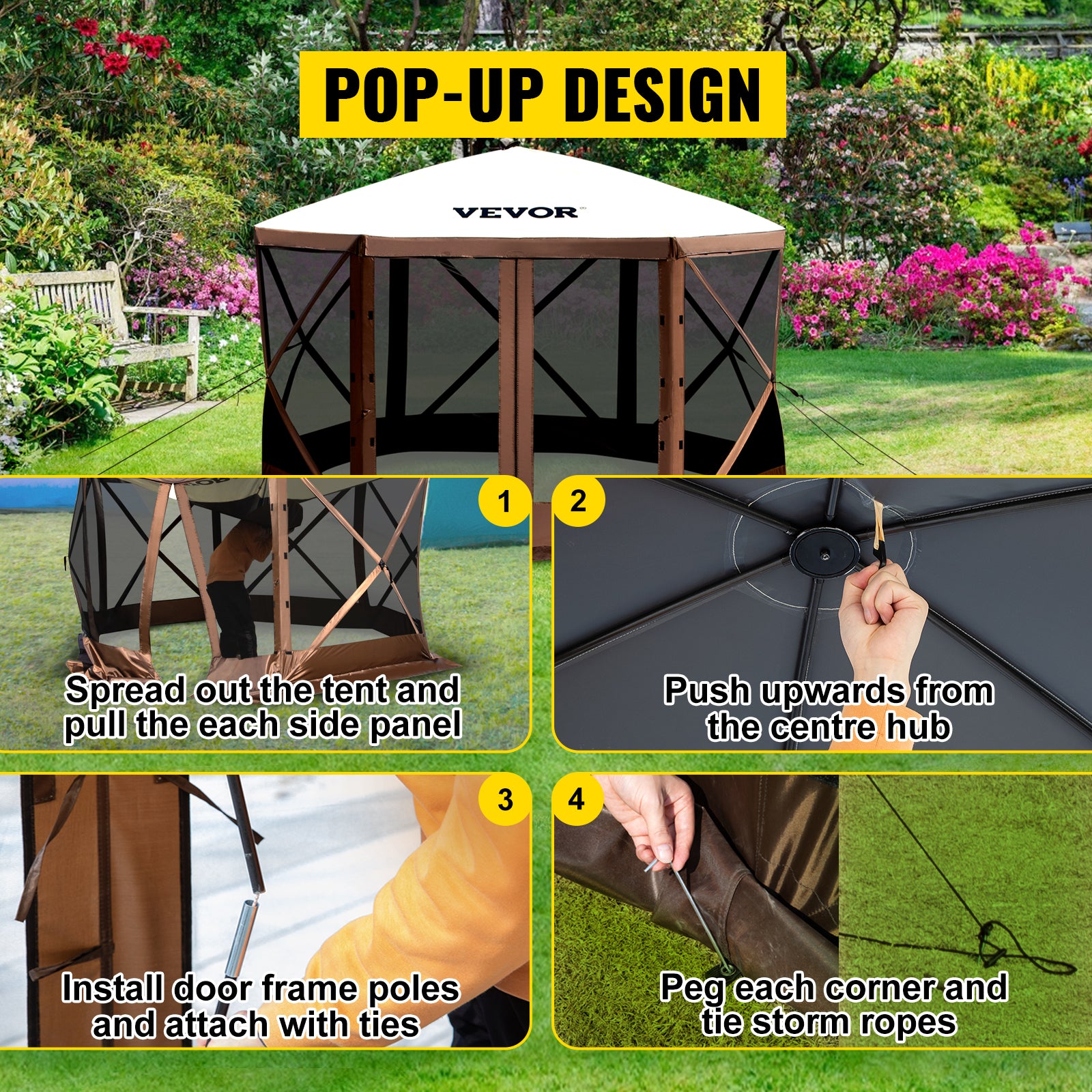 Tente de camping pop-up hexagonale avec moustiquaire et panneaux coupe-vent