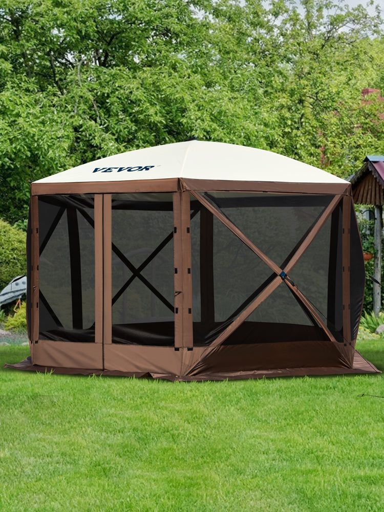 Tente de camping pop-up hexagonale avec moustiquaire et panneaux coupe-vent