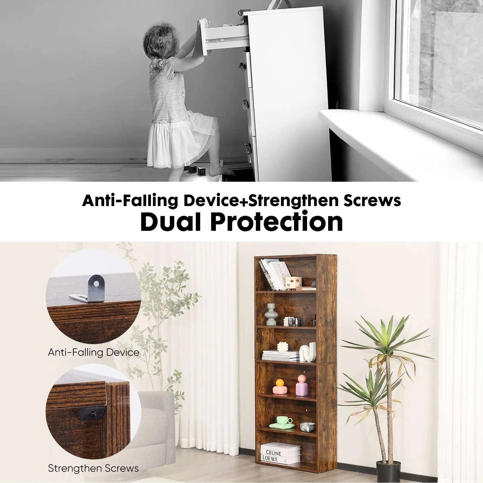 6 Tier Wooden Bookcase 63 Inch Tall Open Shelf Storage Unit-6 Shelf Black / United States