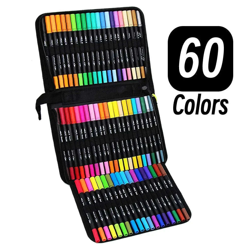 60-Color Double Head Markers Set for Drawing and Lettering-Black 60 CD Bag