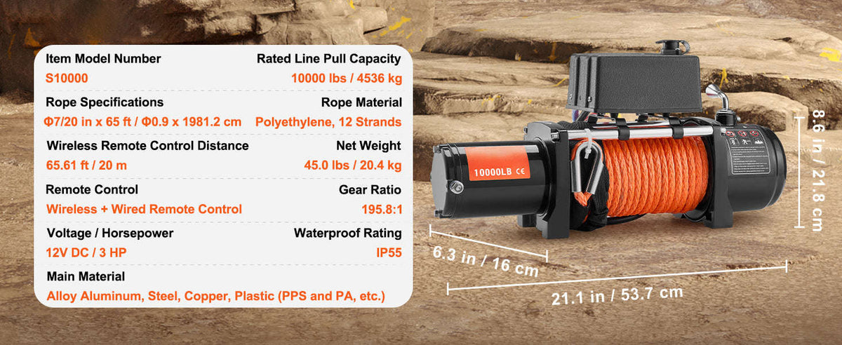 6000 lb Electric Winch with 1/4 in 55 ft Synthetic Rope, Wireless and Wired Remote, 12V DC-6000lbs / CZECH REPUBLIC