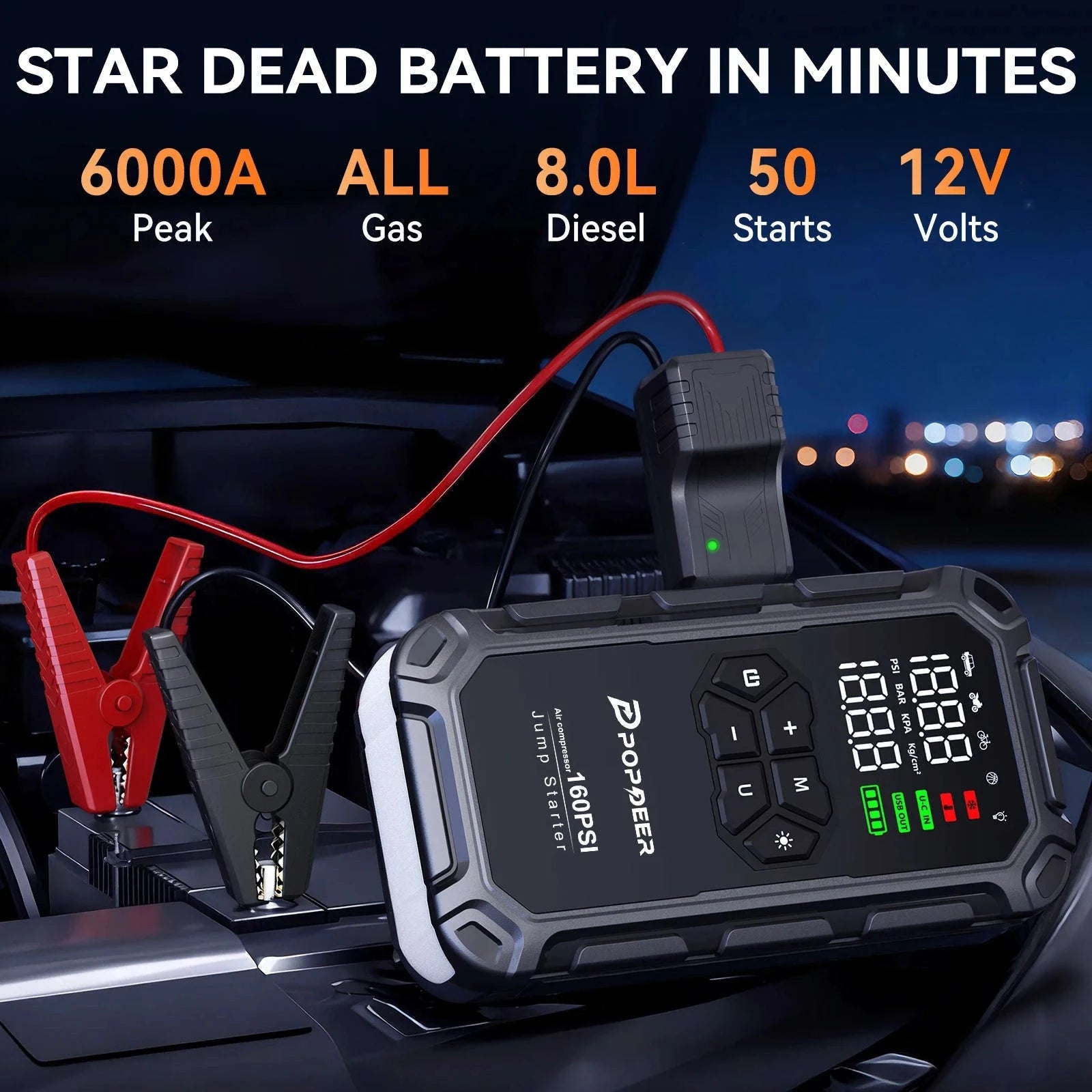 6000A Jump Starter with Air Compressor 160PSI, LCD Display, USB Port, LED Light-PD-JA66 / Poland