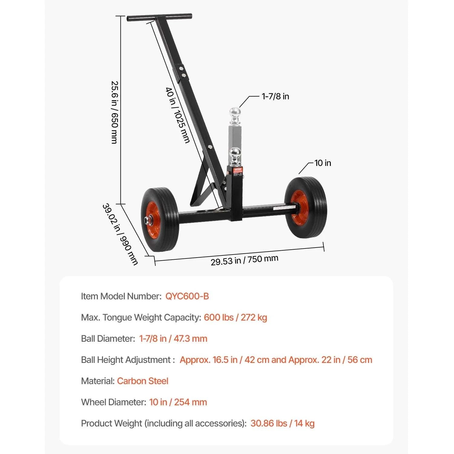 600lbs Trailer Dolly with Adjustable Height & Universal Hitch Ball-600 lbs / france