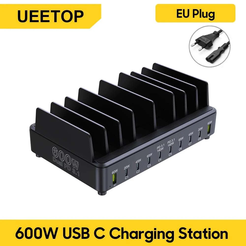 600W 10-Port GaN Fast Charging Station PD 3.1 USB-C Desktop Charger-EU Plug