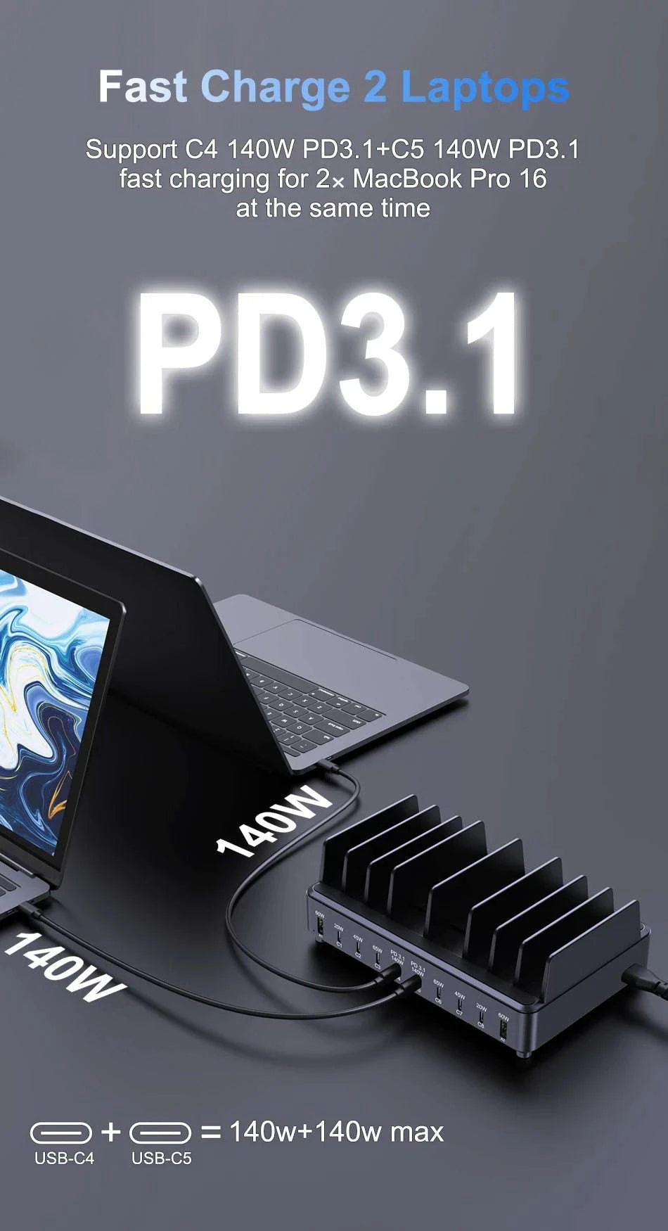600W 10-Port GaN Fast Charging Station PD 3.1 USB-C Desktop Charger-EU Plug