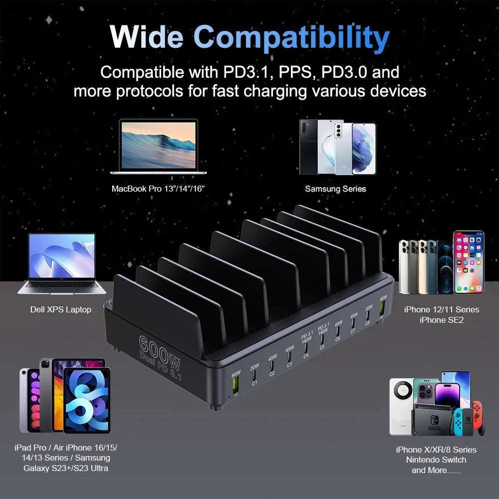 600W 10-Port GaN Fast Charging Station PD 3.1 USB-C Desktop Charger-EU Plug
