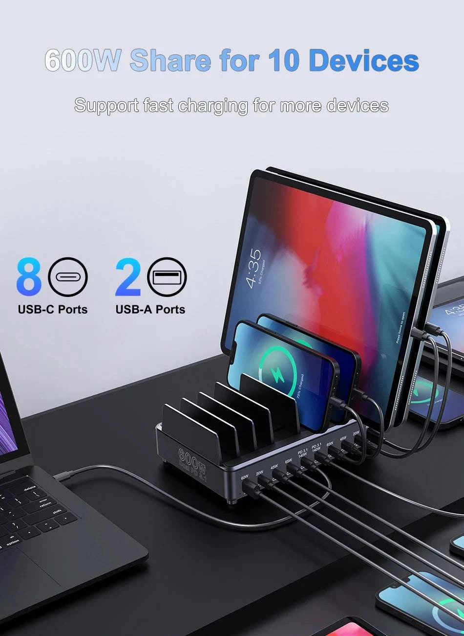 600W 10-Port GaN Fast Charging Station PD 3.1 USB-C Desktop Charger-EU Plug