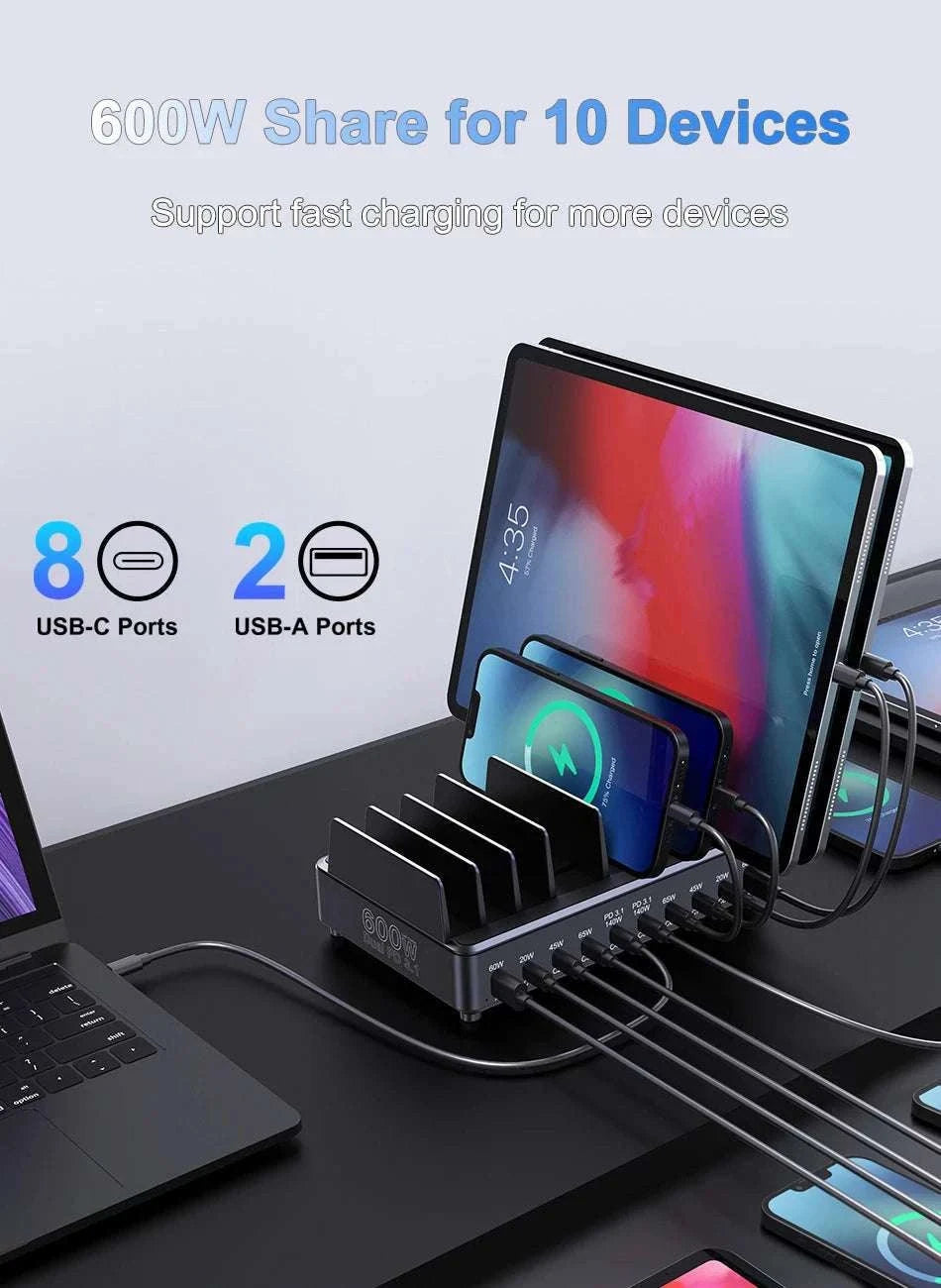 600W 10-Port GaN Fast Charging Station PD 3.1 USB-C Desktop Charger-EU Plug