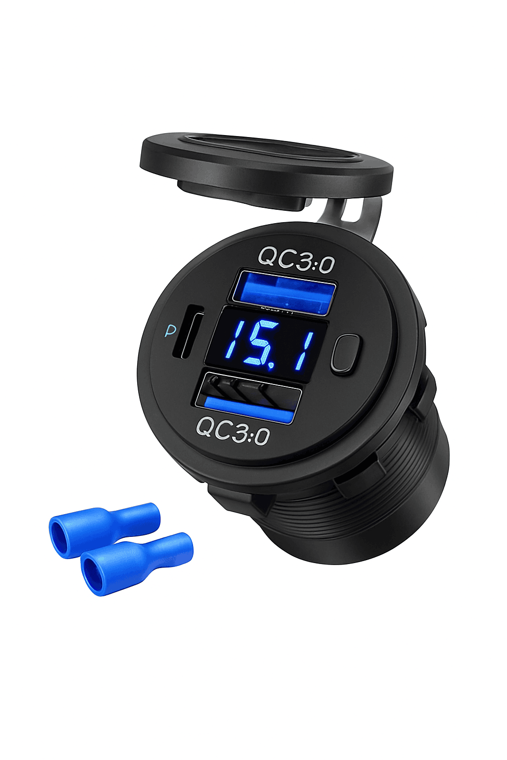 60W Car USB Charger with Digital Voltmeter and Switch, 12V/24V-With Blue Cord