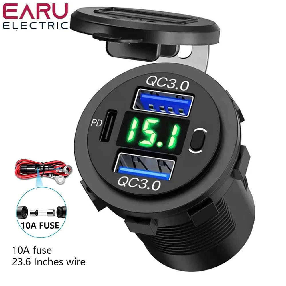 60W Car USB Charger with Digital Voltmeter and Switch, 12V/24V-With Blue Cord