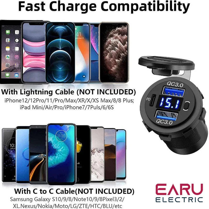 60W Car USB Charger with Digital Voltmeter and Switch, 12V/24V-With Blue Cord