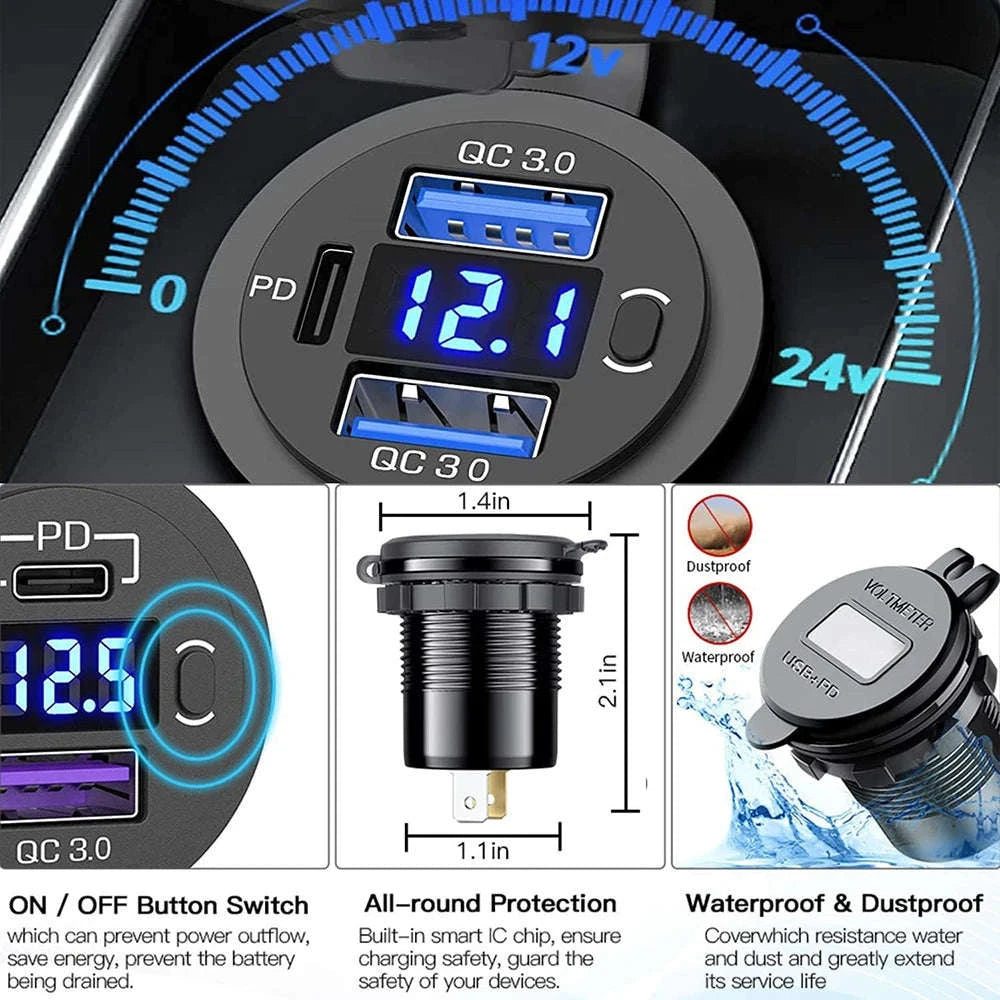 60W Car USB Charger with Digital Voltmeter and Switch, 12V/24V-With Blue Cord