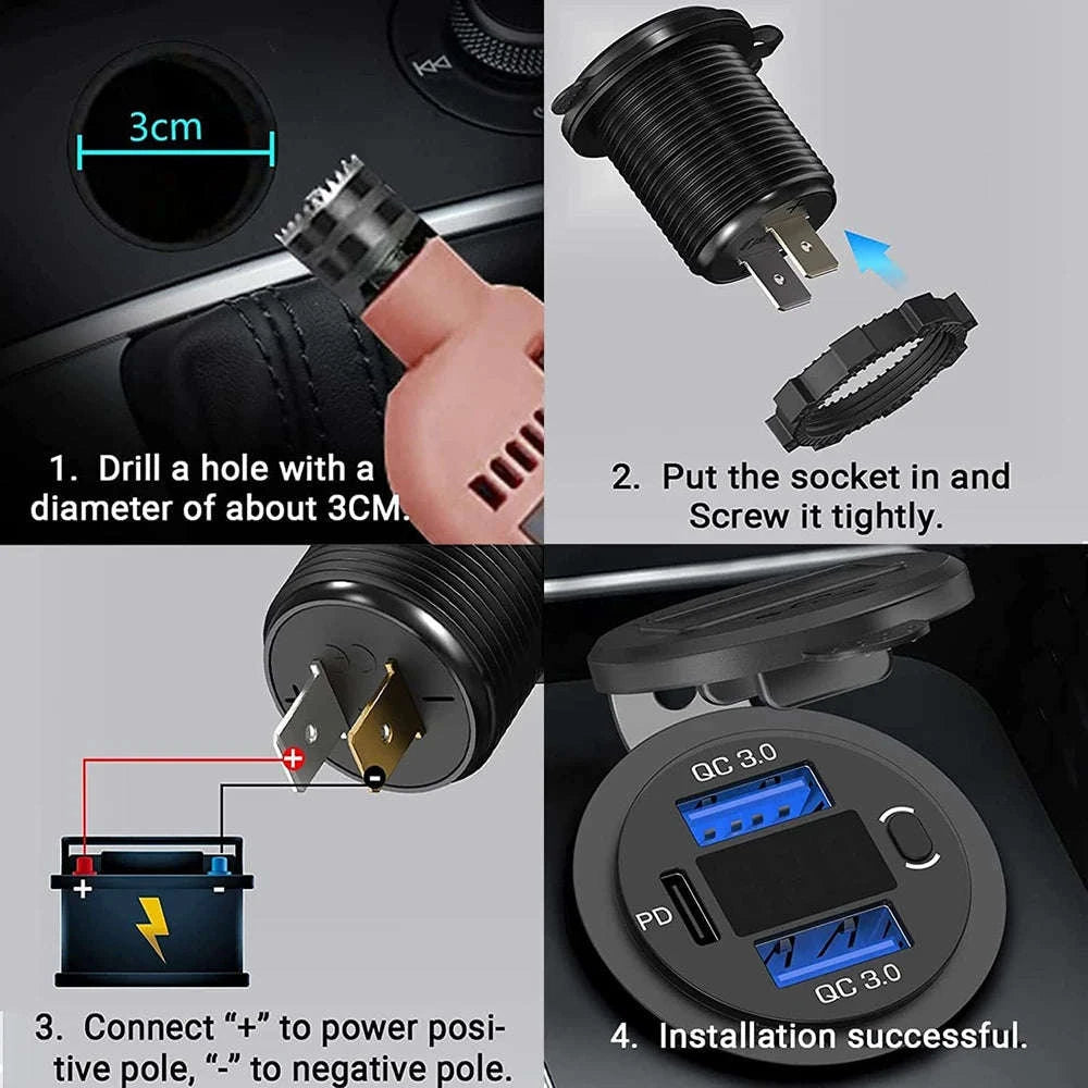 60W Car USB Charger with Digital Voltmeter and Switch, 12V/24V-With Blue Cord