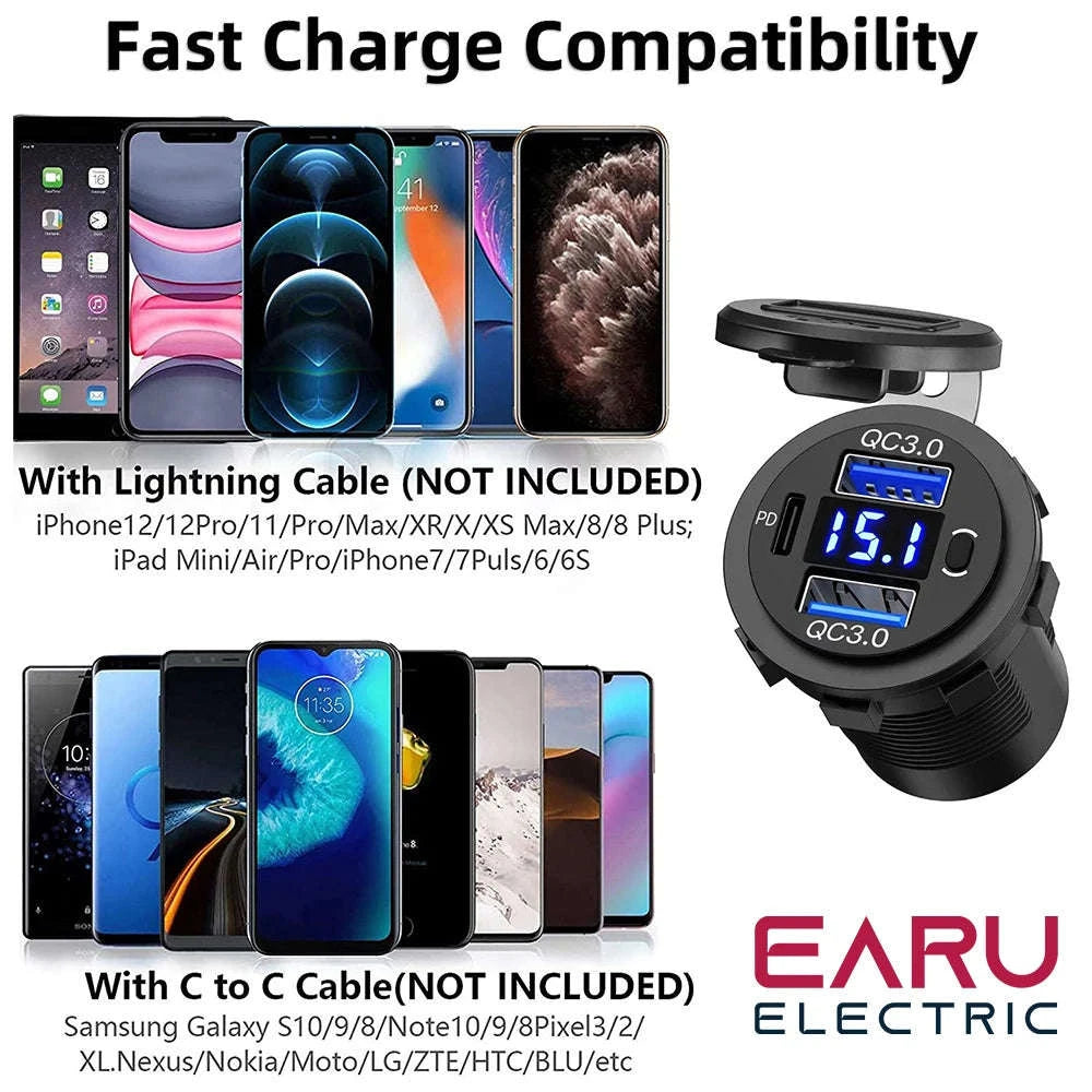 60W Car USB Charger with Digital Voltmeter and Switch, 12V/24V-With Blue Cord