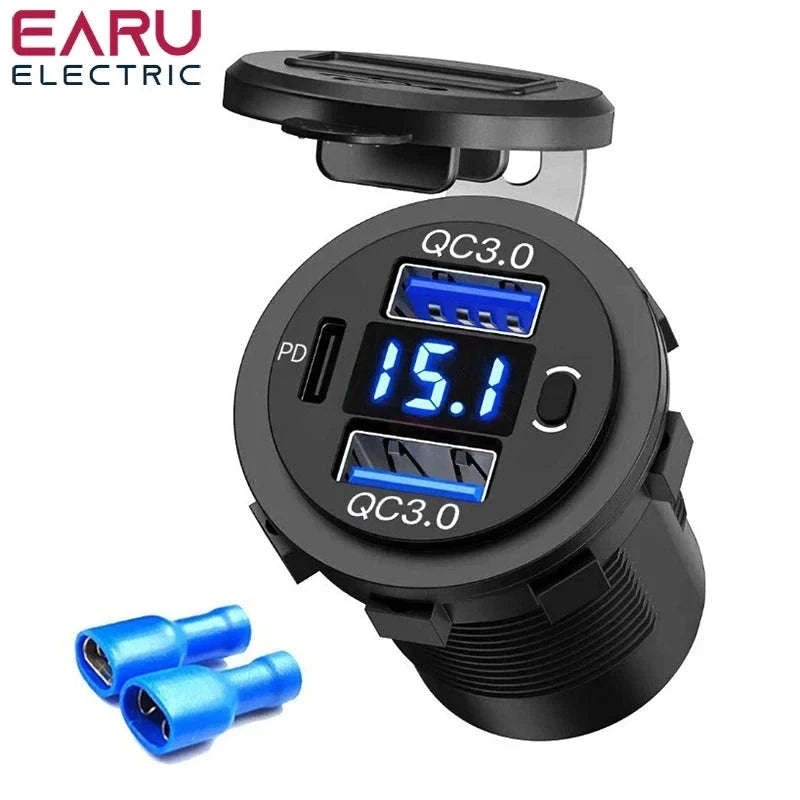 60W Car USB Charger with Digital Voltmeter and Switch, 12V/24V-With Blue Cord