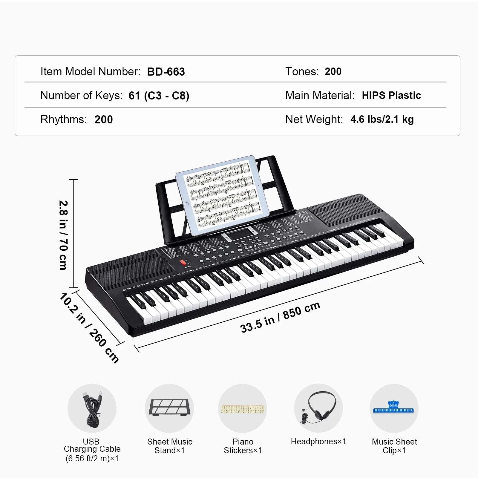61-Key Digital Keyboard Piano with 200–600 Tones for Beginners-Without Stand / CZECH REPUBLIC