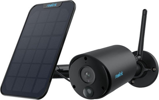 Zunanja solarna varnostna kamera s 3 milijoni slikovnih pik s pametnim zaznavanjem, baterijskim napajanjem, 2-smernim zvokom, kartico SD/shrambo v oblaku, združljivostjo Alexa - Argus Eco-Black+Solar Panel