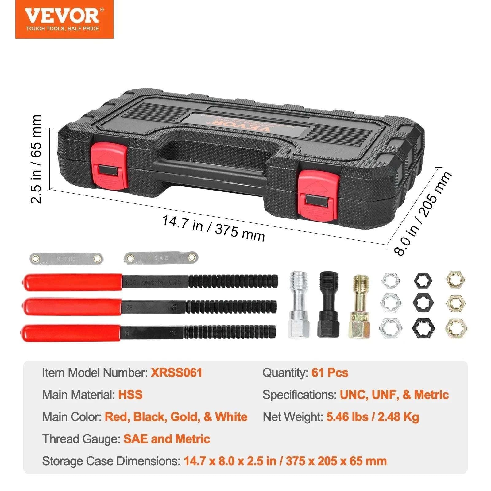 61-Piece Thread Chaser Set UNC UNF Metric Rethreading Tool Kit-61 pcs / United States