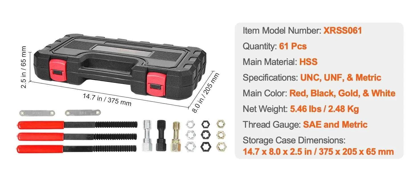 61-Piece Thread Chaser Set UNC UNF Metric Rethreading Tool Kit-61 pcs / United States