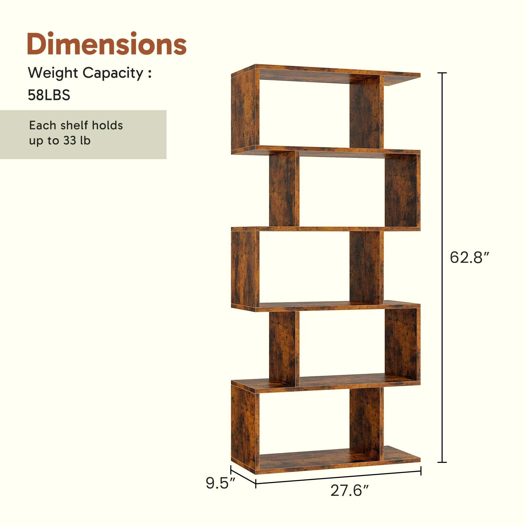 62 Inch 5-Tier S-Shaped Bookcase Wooden Storage Display Shelf-WHITE / United States