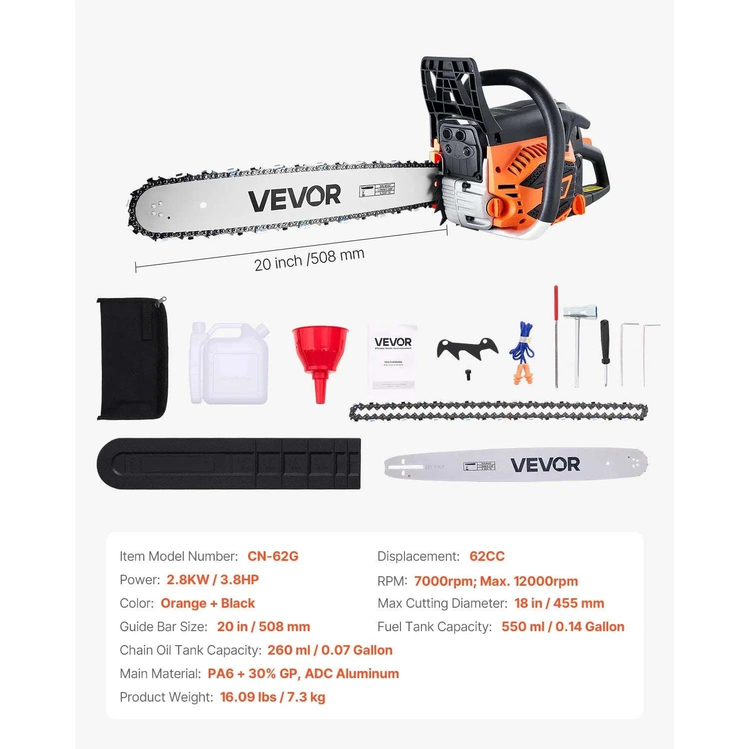 62cc Gas Chainsaw 20-Inch Bar 3.8 HP High-Speed Wood Cutter-United States / 20 in