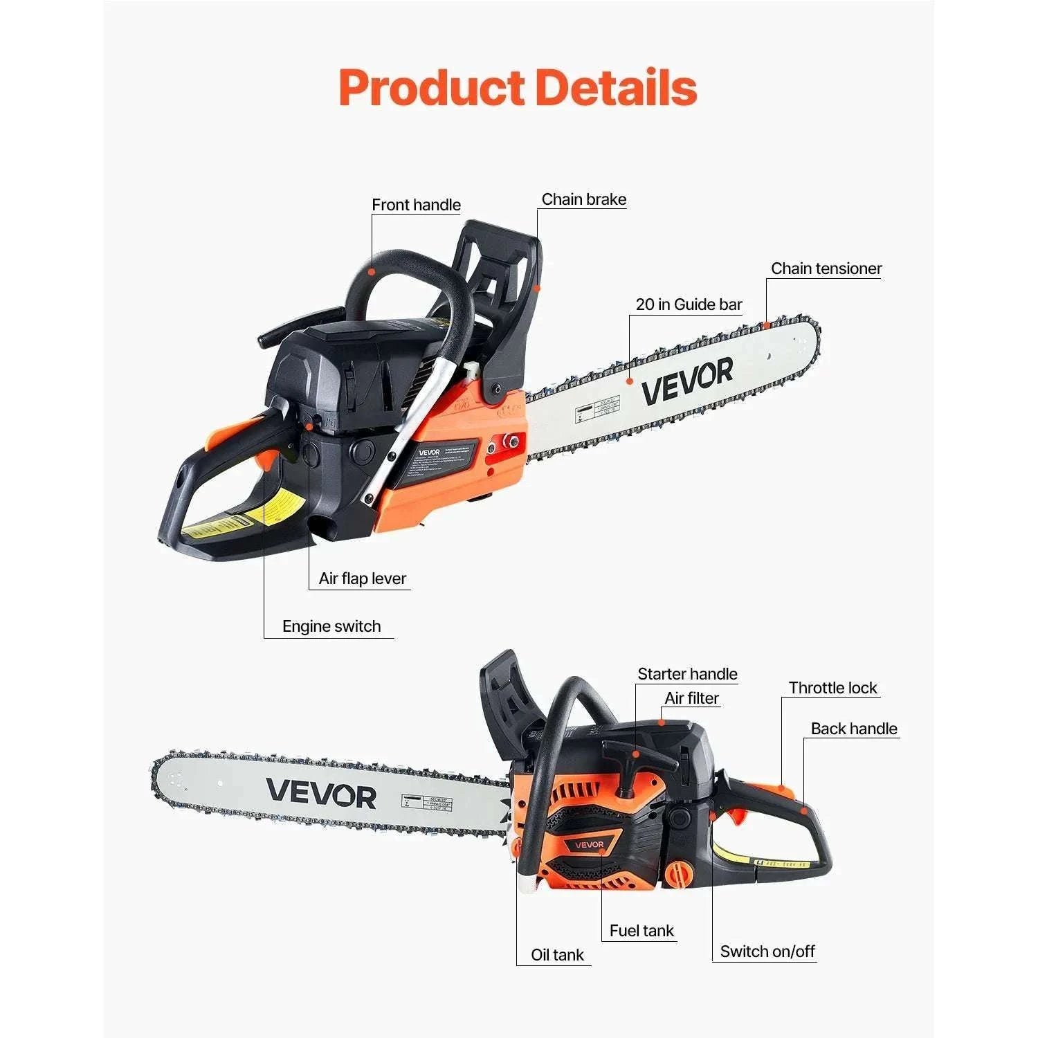 62cc Gas Chainsaw 3.8HP 20-Inch Bar for Cutting Large Wood-United States / 20 in
