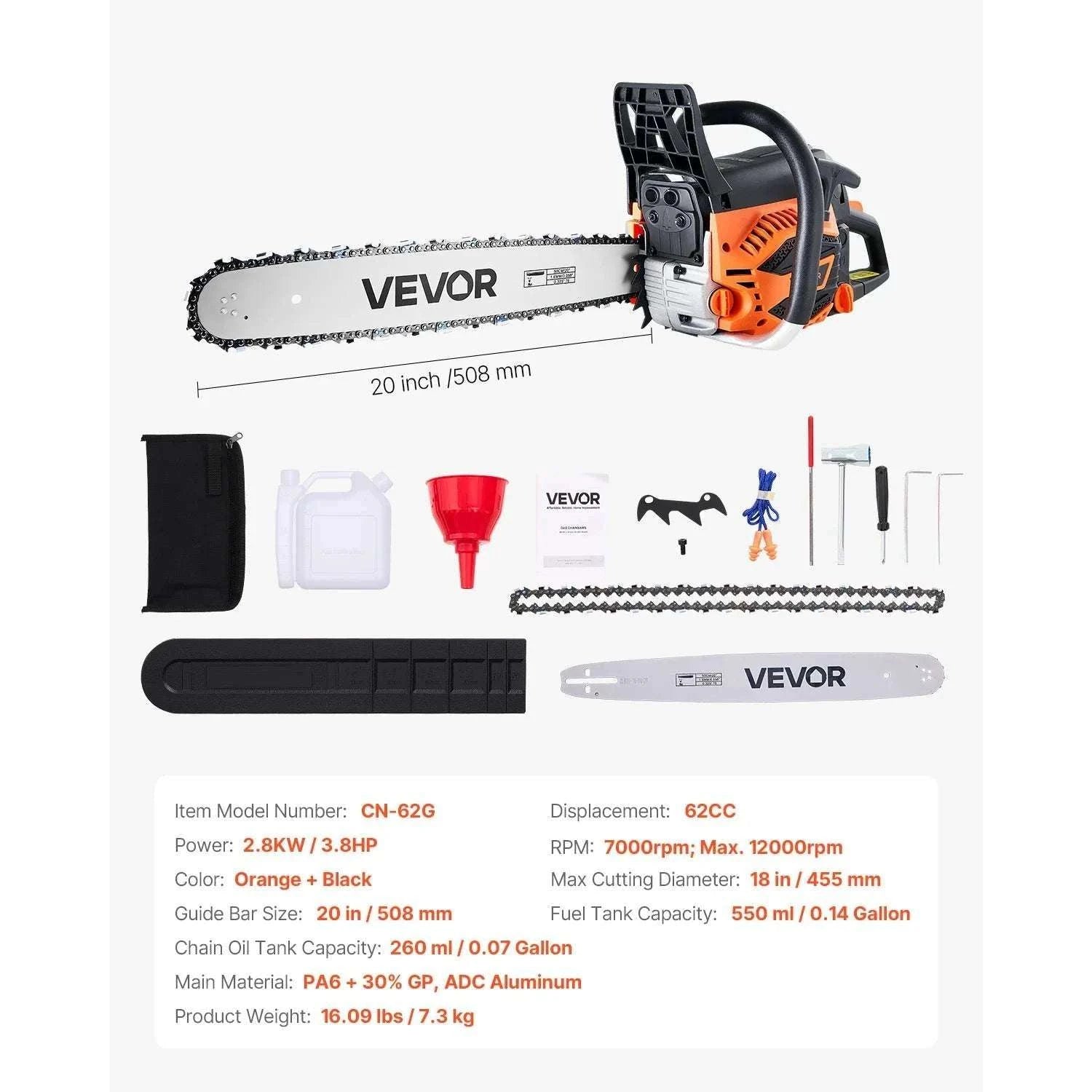 62cc Gas Chainsaw 3.8HP 20-Inch Bar for Cutting Large Wood-United States / 20 in