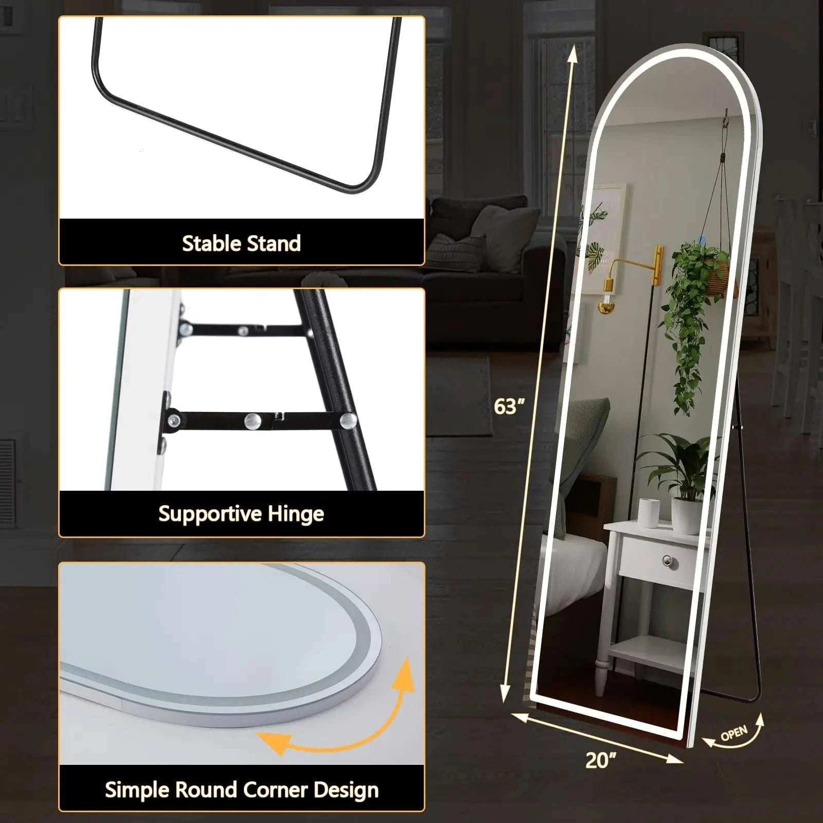 63" LED Full Length Mirror with Dimmable 3-Color Lighting-Arched / United States