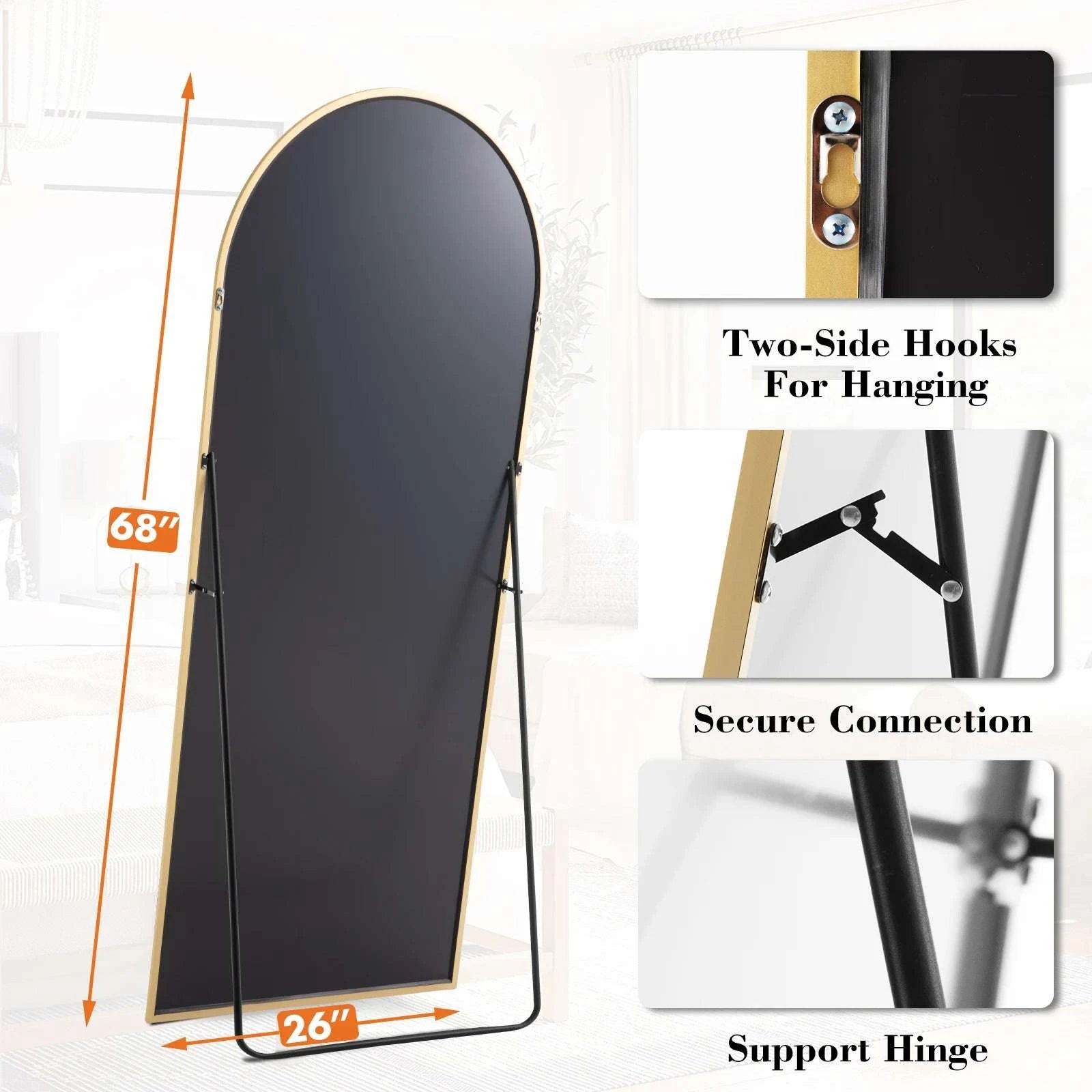 65" x 24" Full Length Floor Mirror with Aluminum Frame-Gold-rectangle / United States