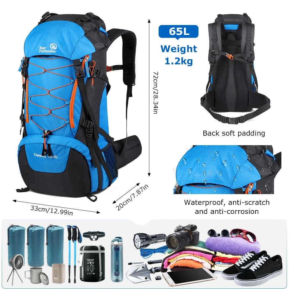 65L Waterproof Climbing Backpack for Hiking and Camping-Gray