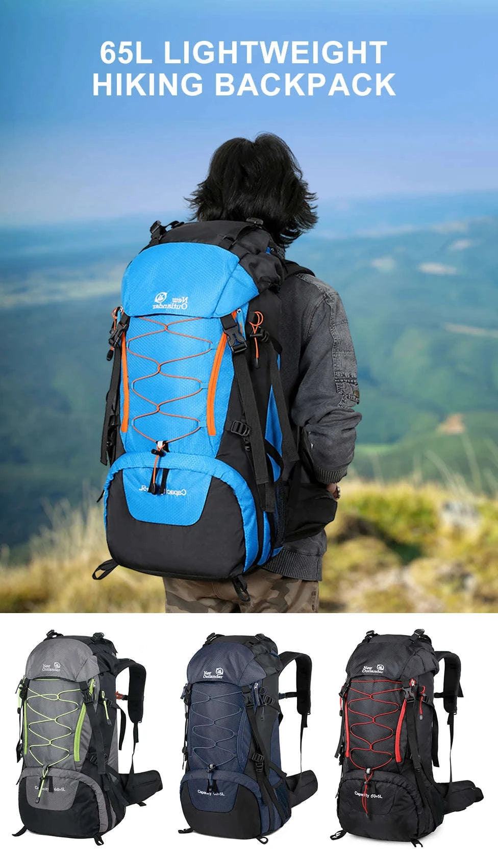 65L Waterproof Climbing Backpack for Hiking and Camping-Gray