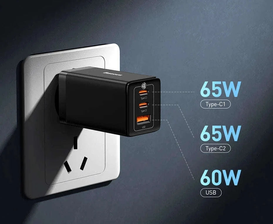 65W GaN Fast Charger with Dual USB-C & USB Ports for Laptop Phone-EU Plug White