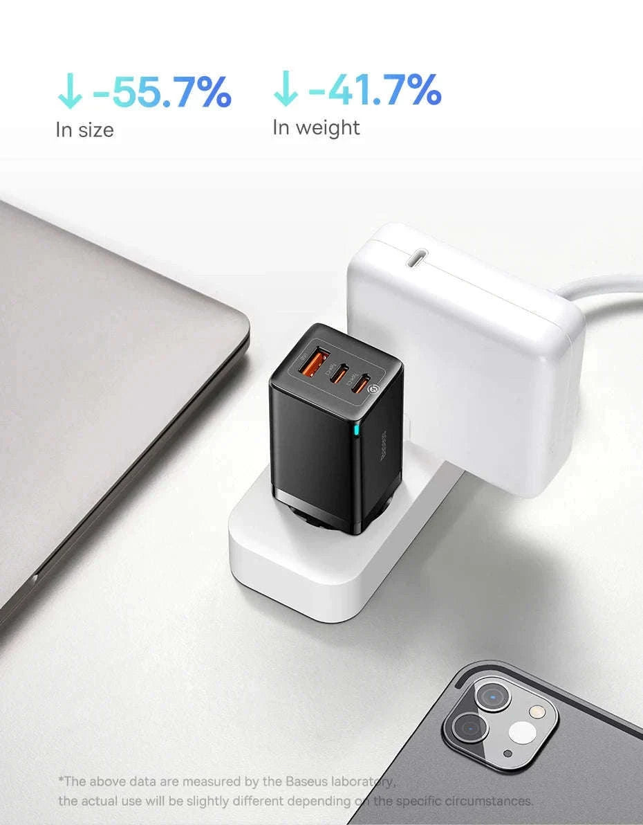 65W GaN Fast Charger with Dual USB-C & USB Ports for Laptop Phone-EU Plug White