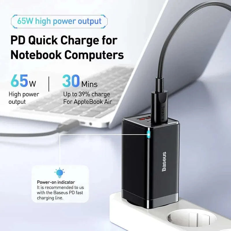 65W GaN Fast Charger with Dual USB-C & USB Ports for Laptop Phone-EU Plug White