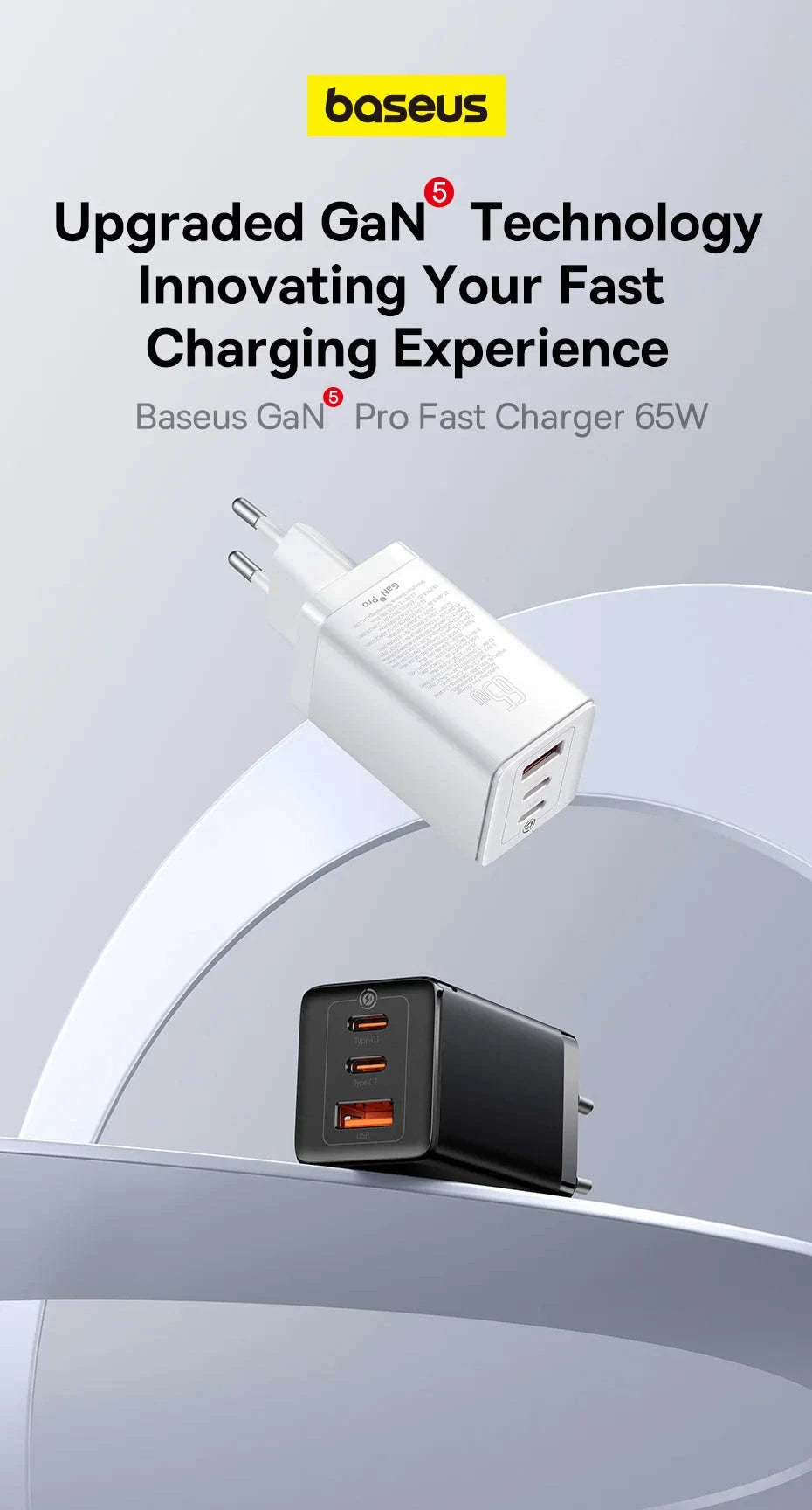 65W GaN Fast Charger with Dual USB-C & USB Ports for Laptop Phone-EU Plug White