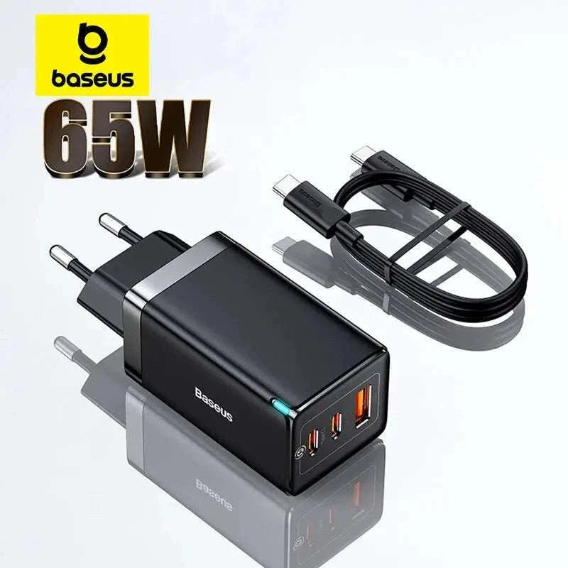 65W GaN Fast Charger with Dual USB-C & USB Ports for Laptop Phone-EU Plug White