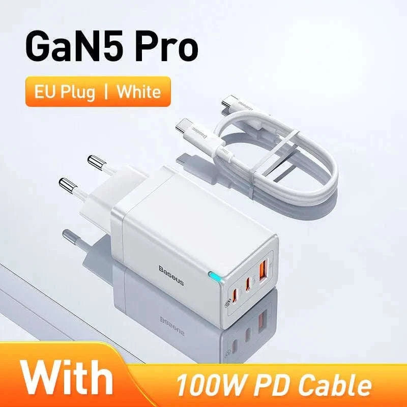 65W GaN Fast Charger with Dual USB-C & USB Ports for Laptop Phone-EU Plug White