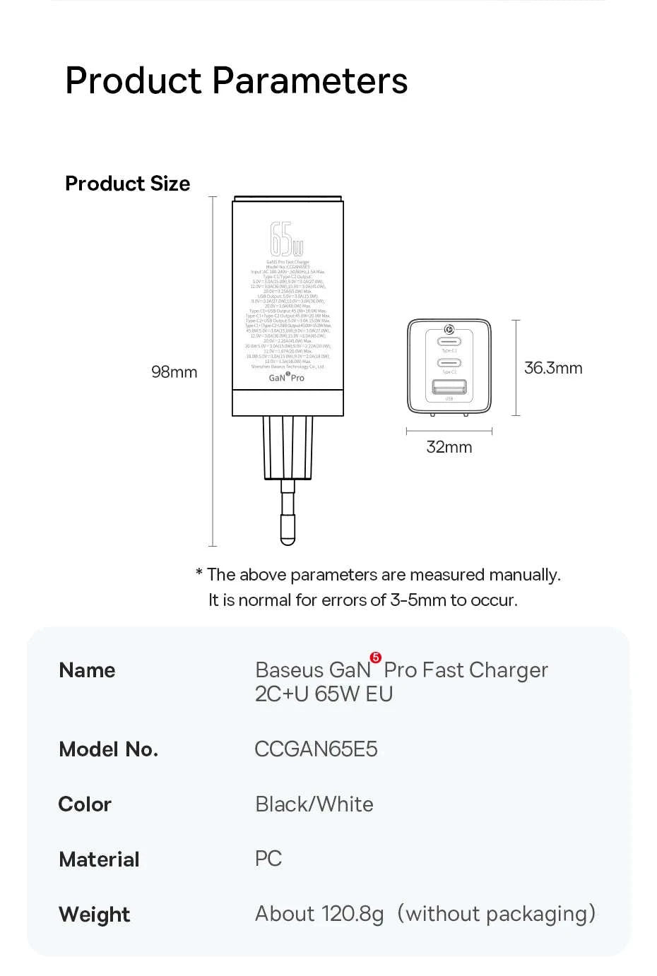 65W GaN Fast Charger with Dual USB-C & USB Ports for Laptop Phone-EU Plug White