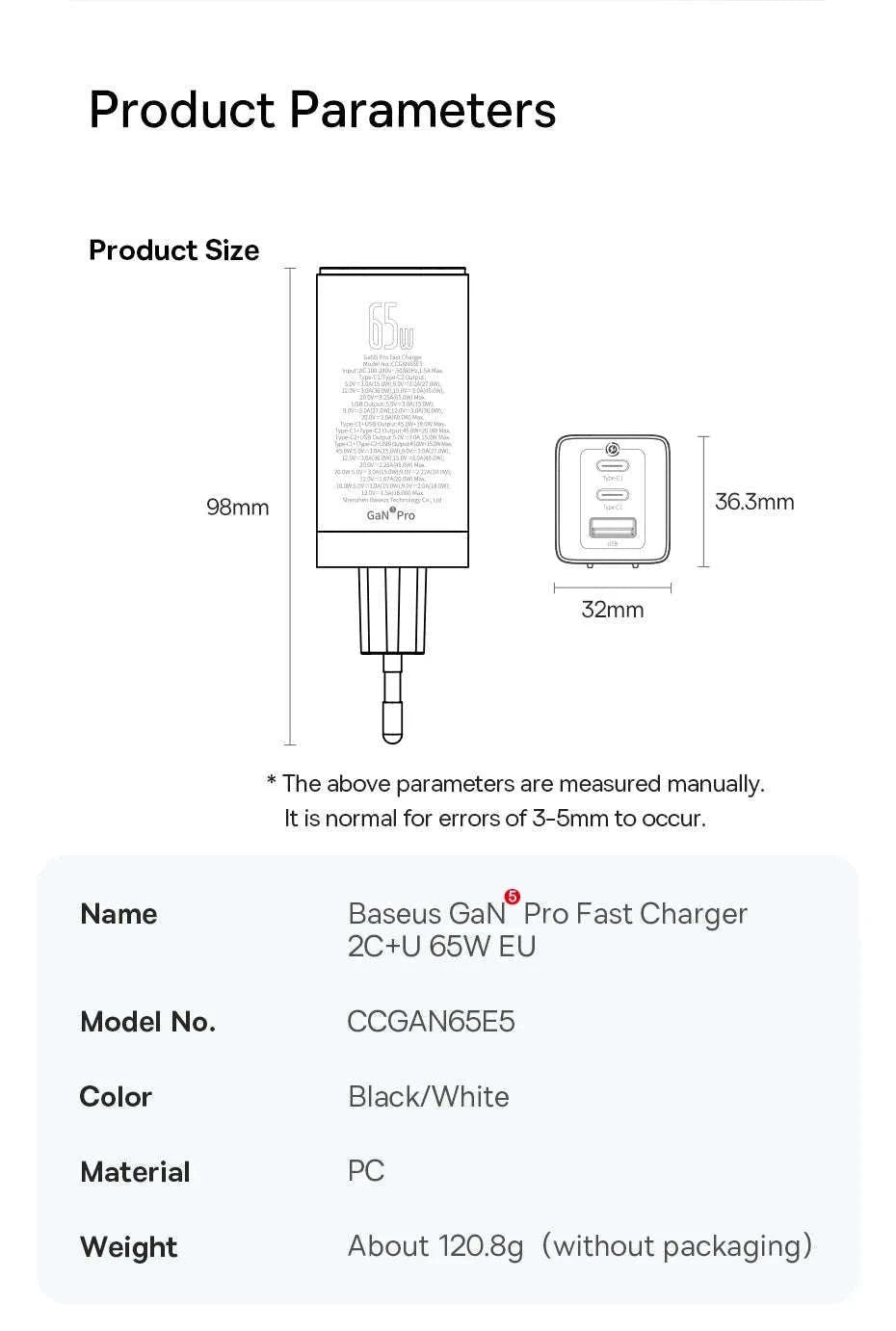 65W GaN Fast Charger with Dual USB-C & USB Ports for Laptop Phone-EU Plug White