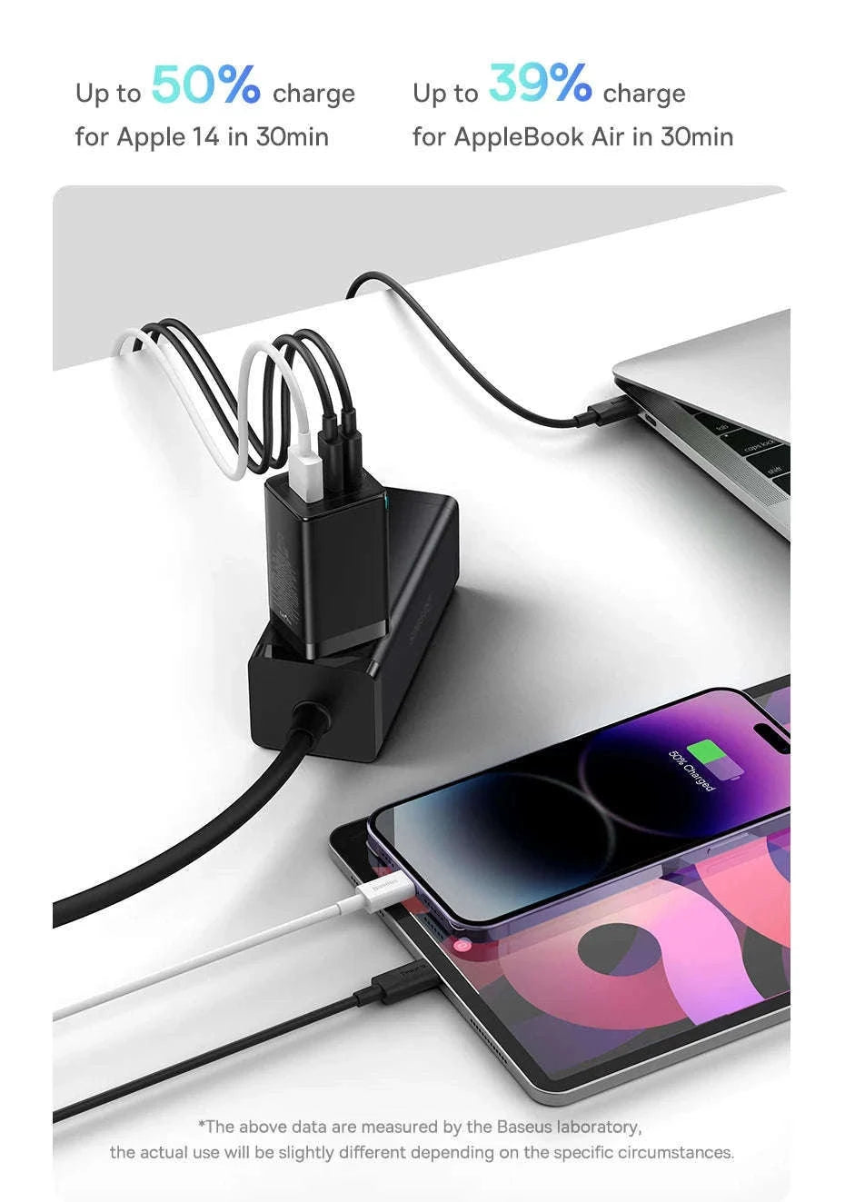 65W GaN Fast Charger with Dual USB-C & USB Ports for Laptop Phone-EU Plug White