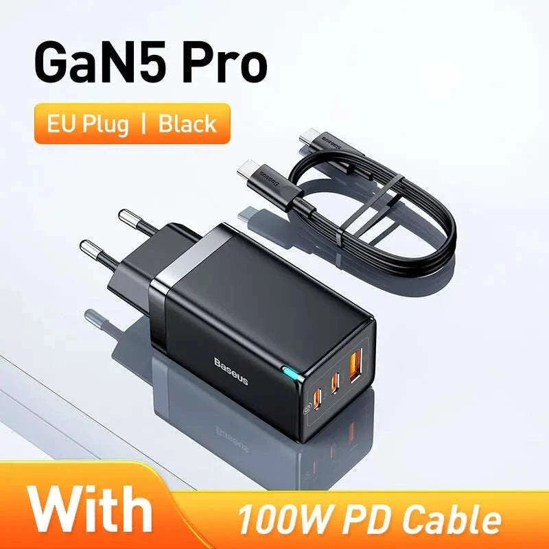 65W GaN Fast Charger with Dual USB-C & USB Ports for Laptop Phone-EU Plug White