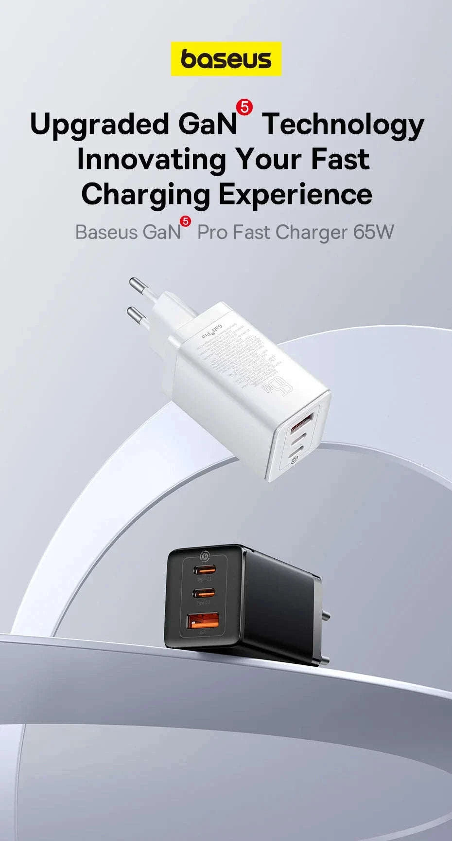 65W GaN Fast Charger with Dual USB-C & USB Ports for Laptop Phone-EU Plug White