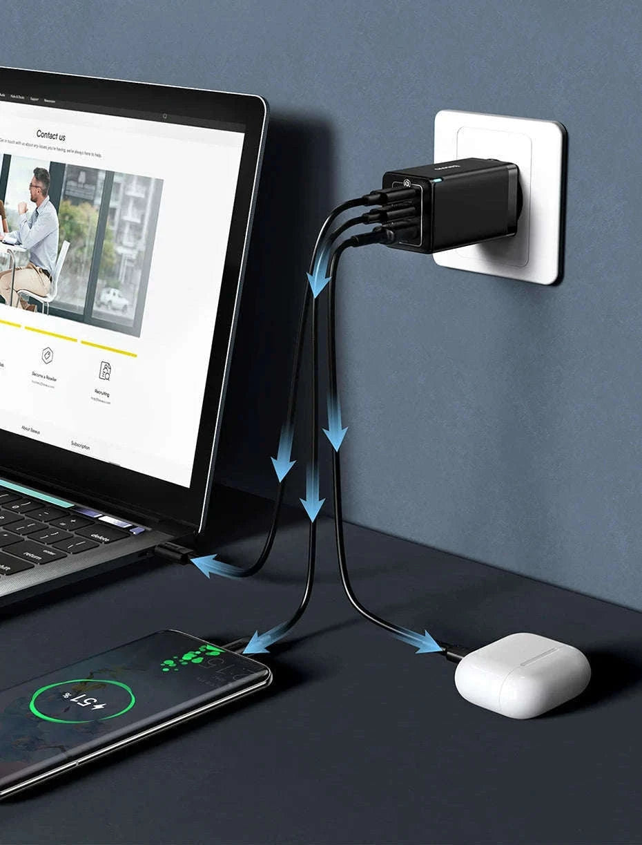 65W GaN Fast Charger with Dual USB-C & USB Ports for Laptop Phone-EU Plug White