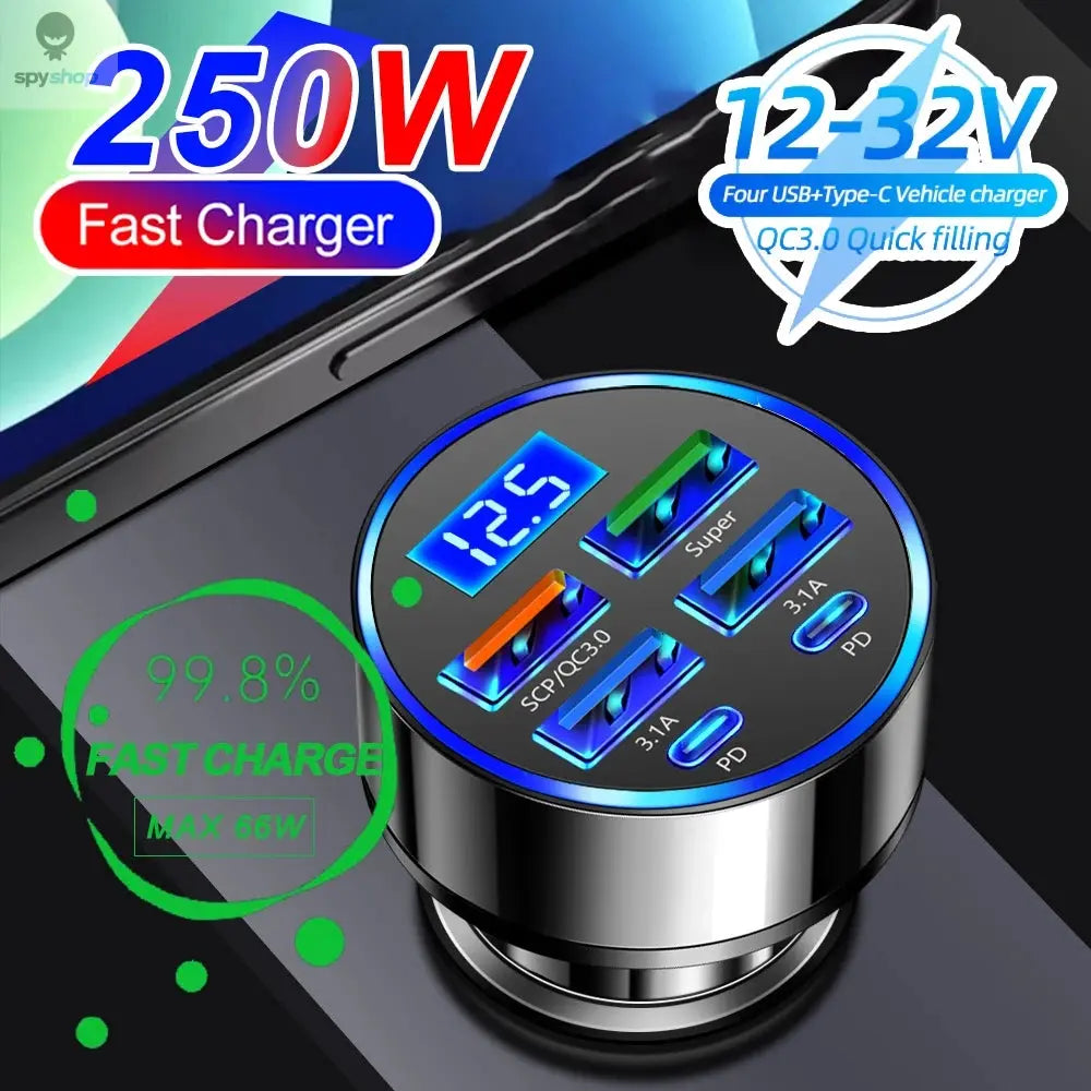 66-250W PD Car Charger QC3.0 Fast Charge One to Six Car Cigarette Lighter Plug Car Charger Flash Charge with Digital Display Spy-shop.com