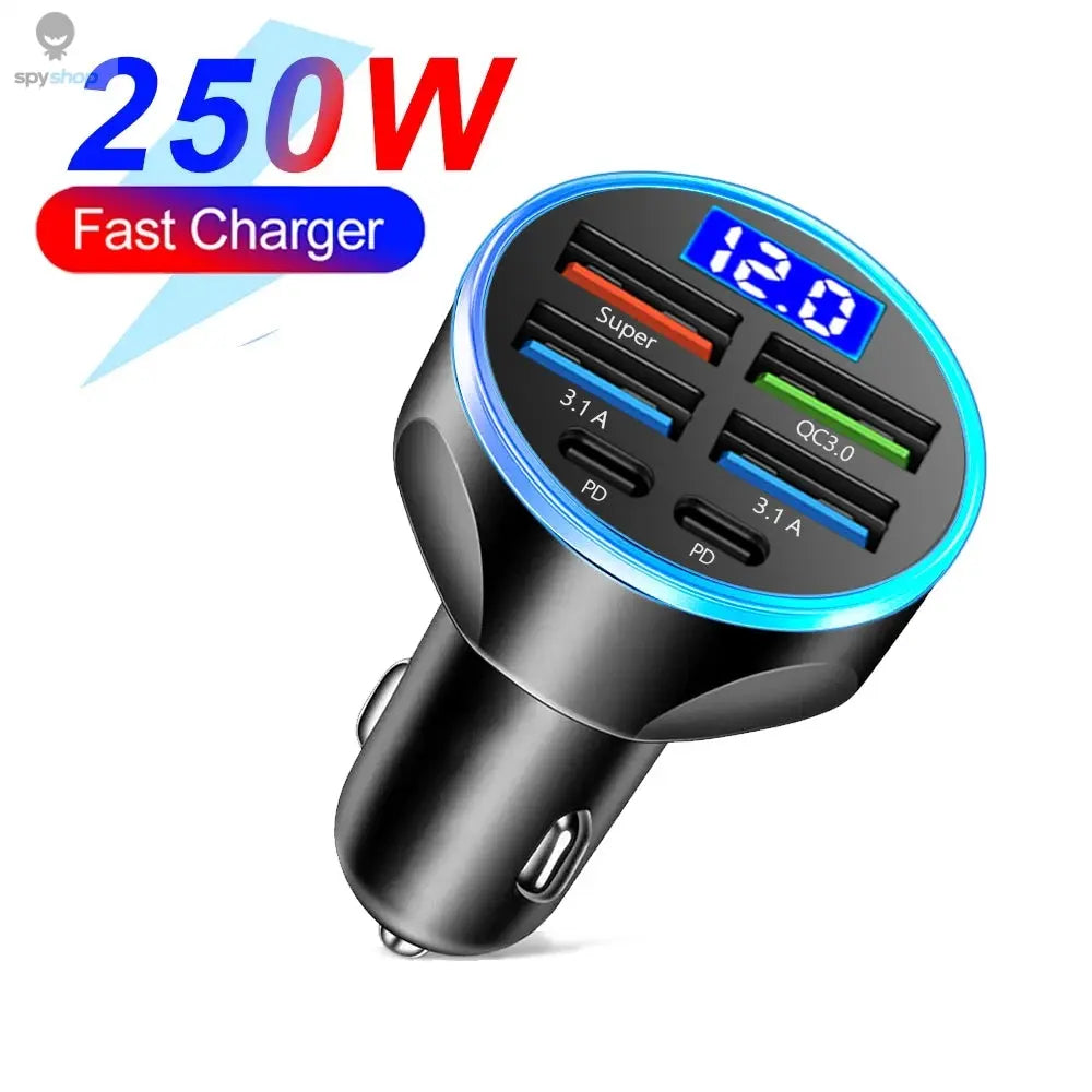 66-250W PD Car Charger QC3.0 Fast Charge One to Six Car Cigarette Lighter Plug Car Charger Flash Charge with Digital Display Spy-shop.com
