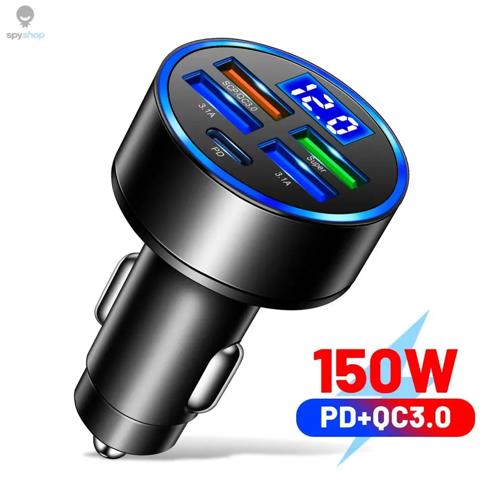 66-250W PD Car Charger QC3.0 Fast Charge One to Six Car Cigarette Lighter Plug Car Charger Flash Charge with Digital Display Spy-shop.com