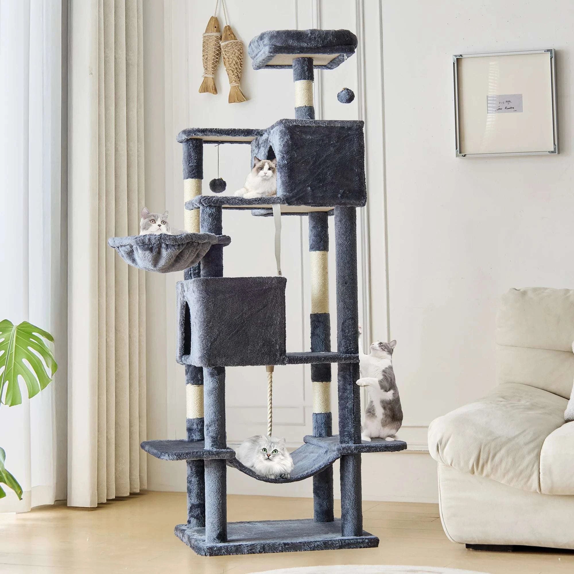 66-Inch Multi-Level Cat Tree Tower with Condo, Hammock & Scratching Posts-Beige / United States