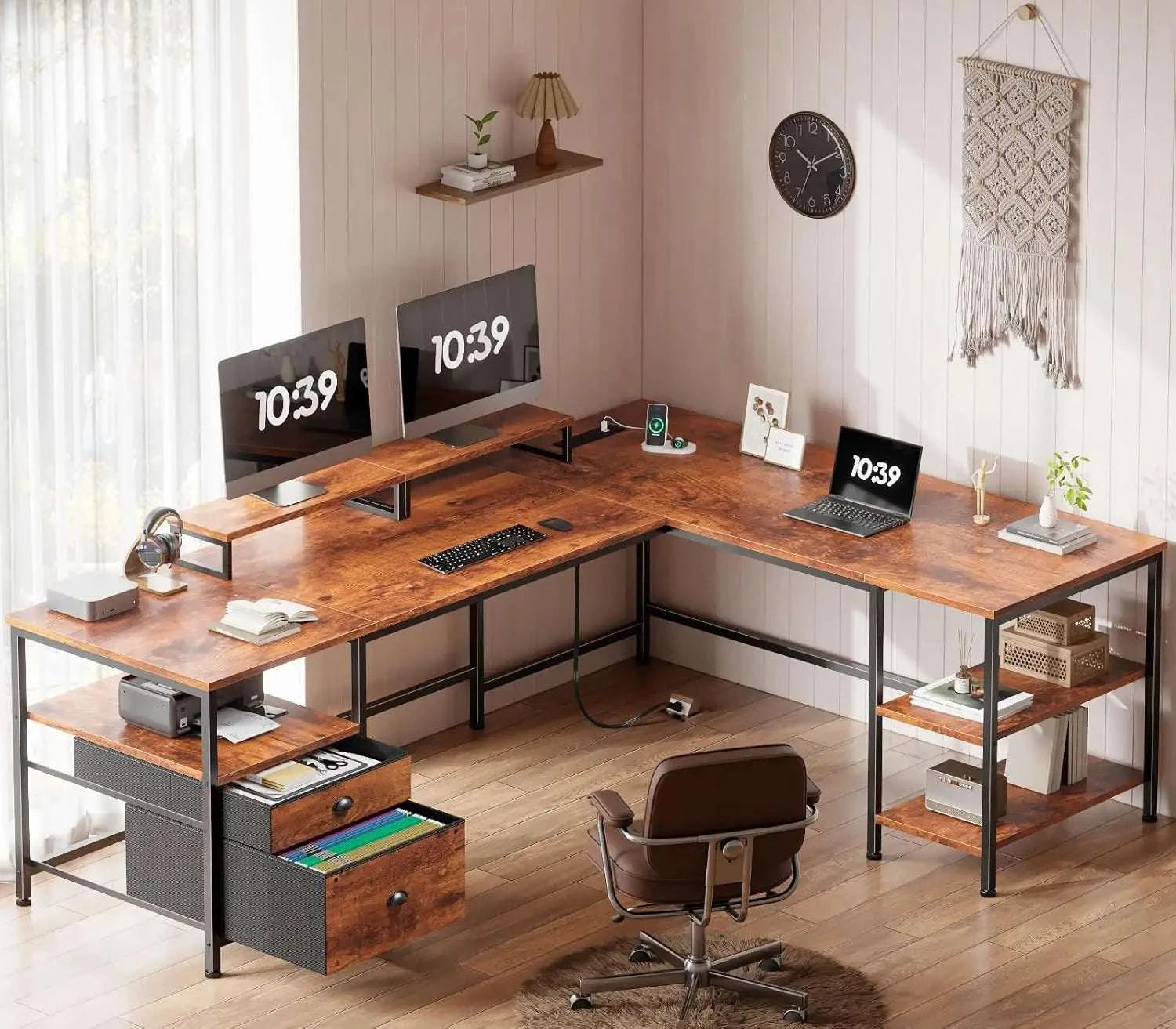 66" L Shaped Desk with Power Outlet, Storage Shelves & Drawer-United States