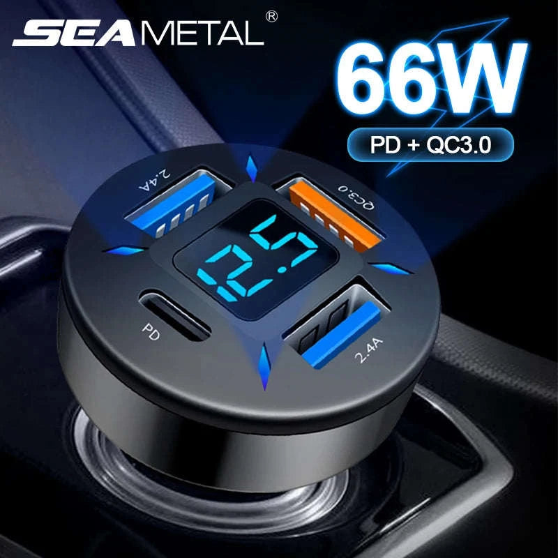 66W Car Charger with 4 USB Ports and Voltage Display-Super Charge 1PC