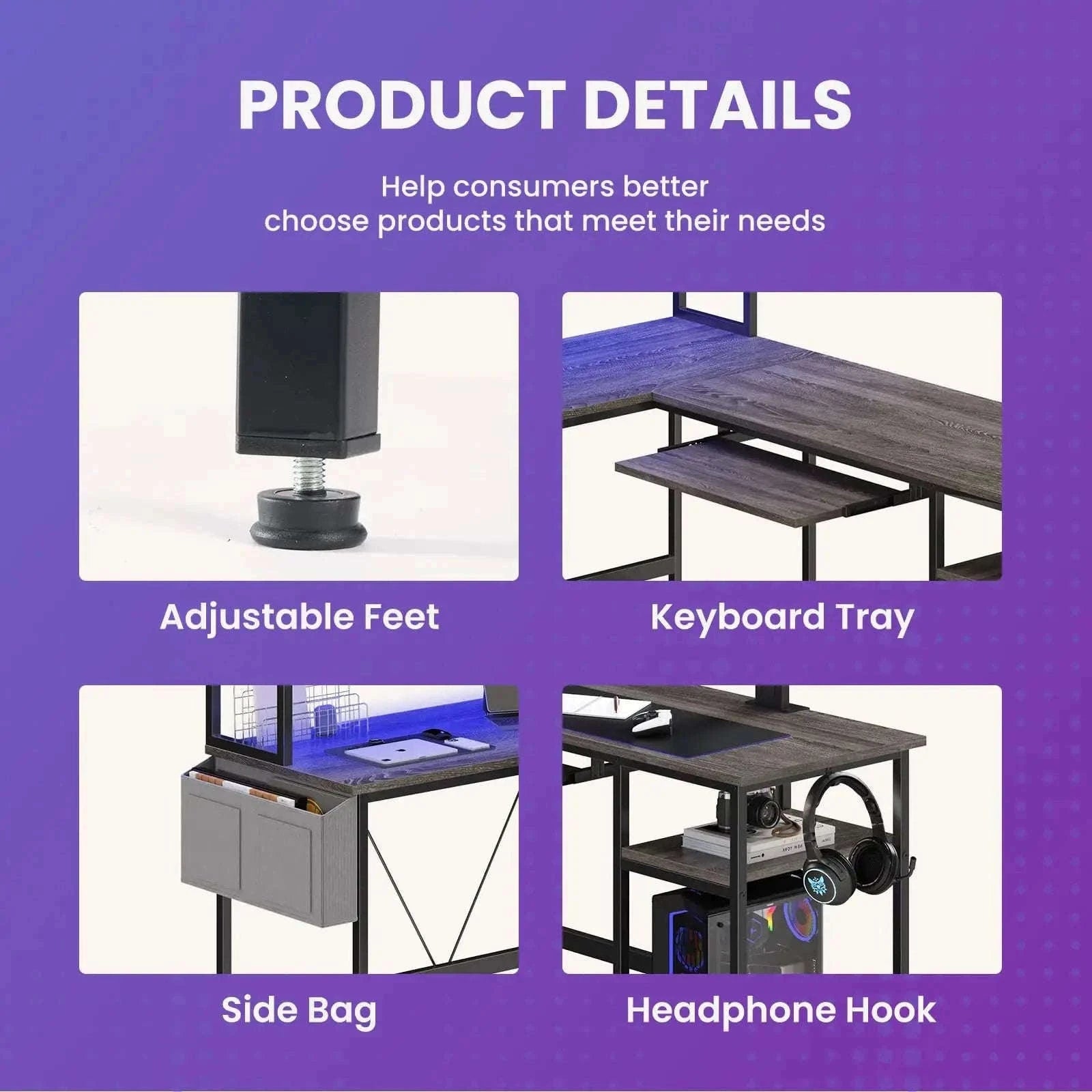 67" L-Shaped Gaming Desk with LED Lights & Keyboard Tray-Gray / United States